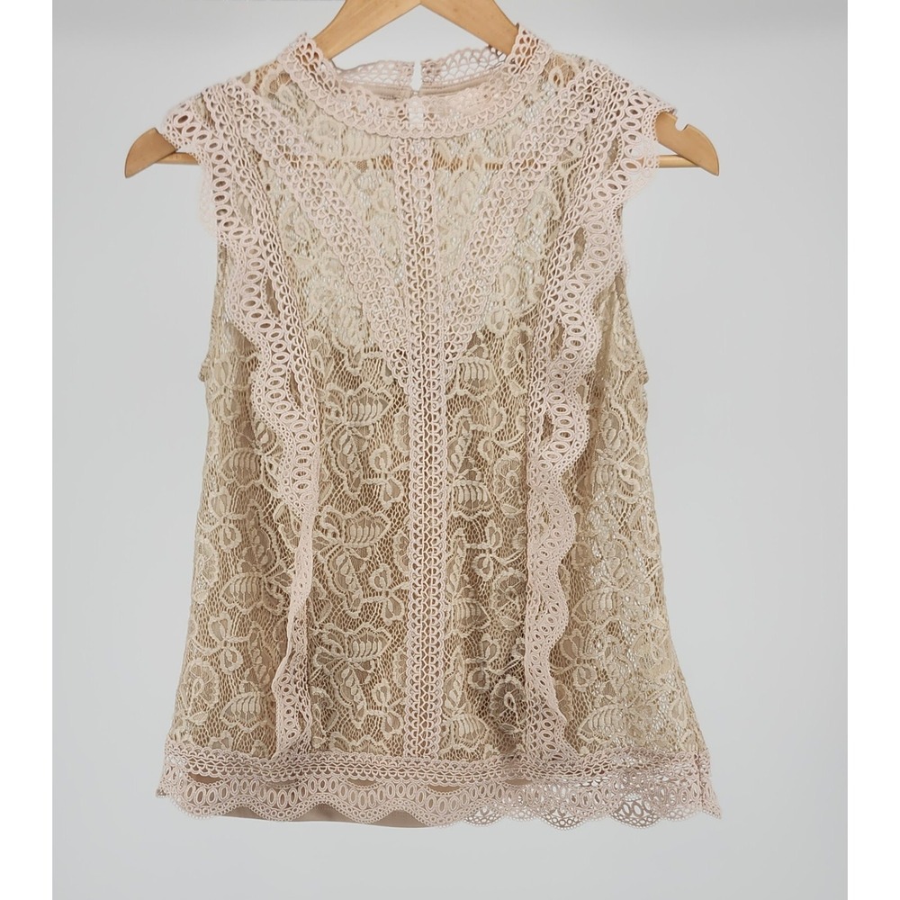 Adiva Women Beige Floral Lace Sleeveless Mock Neck Ruffle Shell Top Size Medium